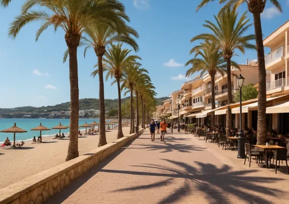 Flaneren over de boulevard van paguera op mallorca met strand, winkels en sfeervolle terrassen